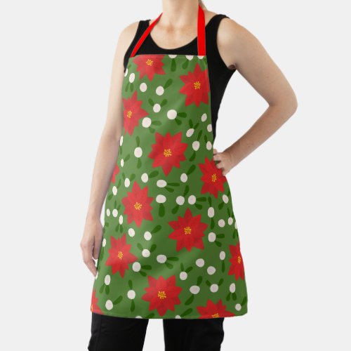 Merry Christmas Poinsettias  Polka Dots Pattern Apron