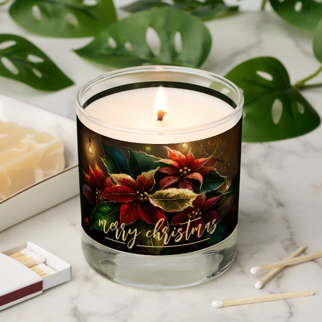 Merry Christmas Poinsettias Scented Candle (Lit)