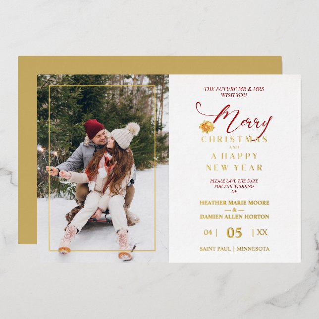 Merry Christmas Poinsettias Wreath Photo Wedding  Foil Holiday Card (Front/Back)