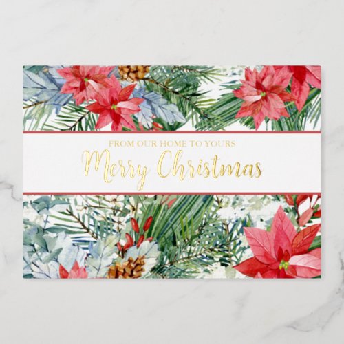 Merry Christmas Pointsettia Pine Foil Holiday Card