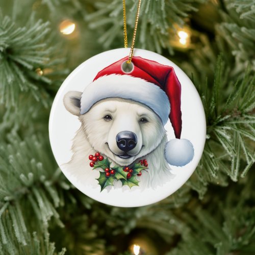 Merry Christmas Polar Bear Santa Hat Holly Cute Ceramic Ornament