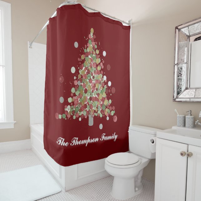 Merry Christmas Polka Dot Tree Holiday Shower Curtain (In Situ)