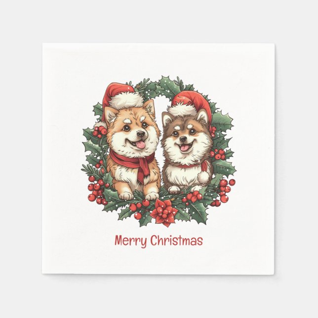Merry Christmas Pomeranian Dogs Mistletoe Wreath Napkins (Front)