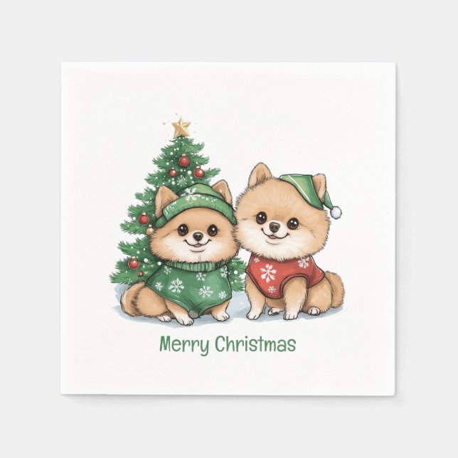 Merry Christmas Pomeranian Dogs Napkins (Front)