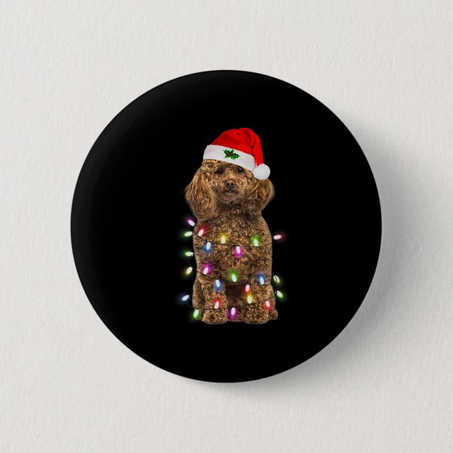 Merry Christmas Poodle Santa Hat Lights Xmas   Button (Front)