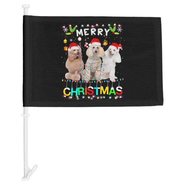 Merry Christmas Poodle Shirt Santa Hat Lights Xmas Car Flag (Front)