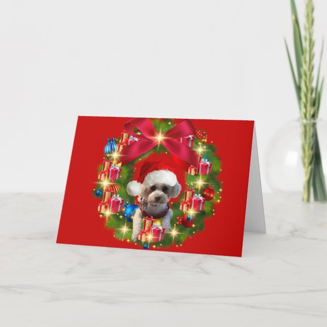 Merry Christmas Poodle Wreath Greeting Card (Front)