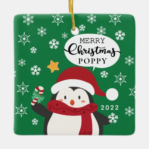 Merry Christmas Poppy Penguin Ceramic Ornament