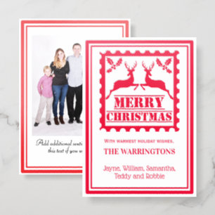 Merry Christmas Postage Stamp Deer Holly One Image Letterpress Photo Cards