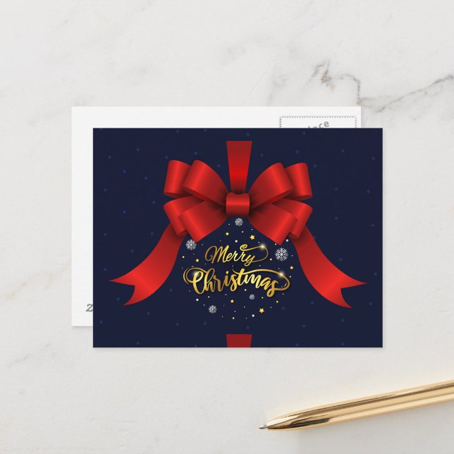 Merry Christmas Postcard (Pretty Red Bow Merry Christmas Postcard!)