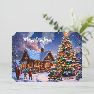 Merry Christmas Postcard Cozy Snowy Cabin