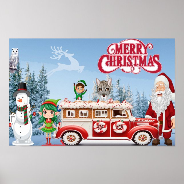 Merry Christmas  Poster (A Christmas Scene with a snowman and Santa Claus.)