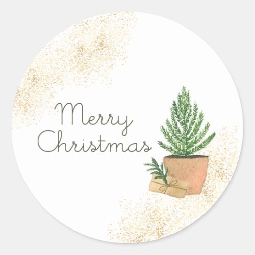 Merry Christmas Potted Fir Tree and Kraft Parcel Classic Round Sticker