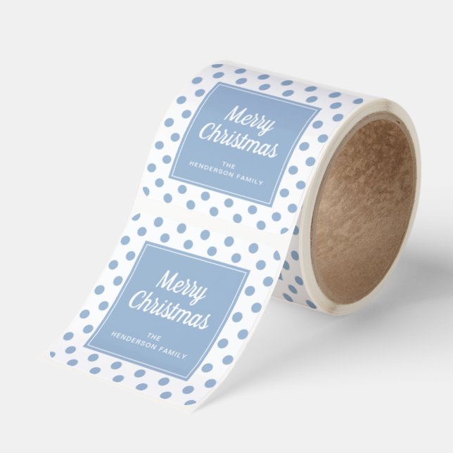 Merry Christmas Powder Blue Polka Dots Square Sticker (Roll)