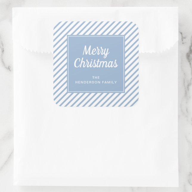 Merry Christmas Powder Blue White Stripes Square Sticker (Bag)