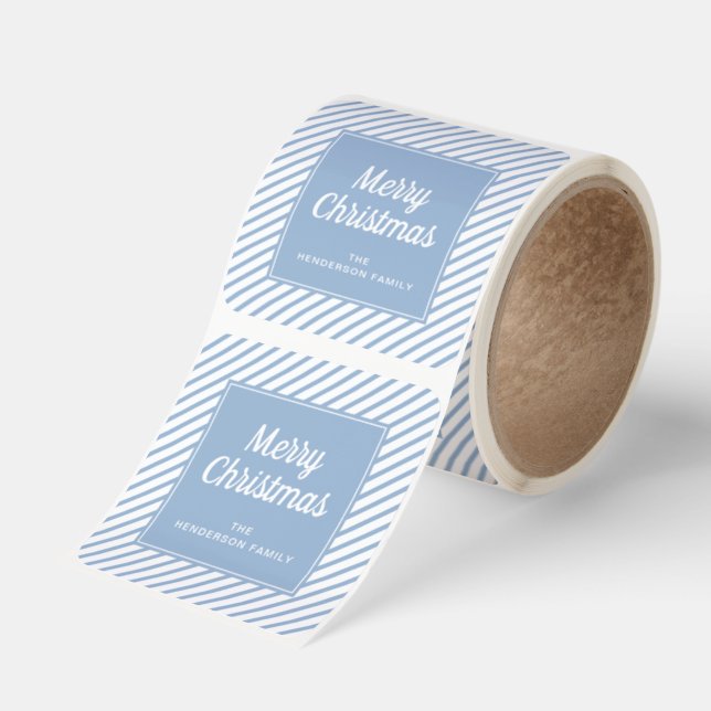 Merry Christmas Powder Blue White Stripes Square Sticker (Roll)