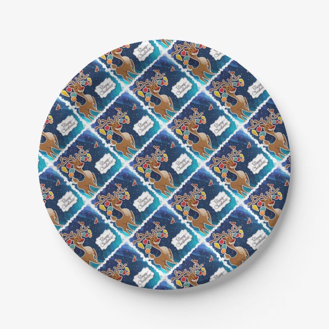 Merry Christmas Prancing Reindeer Paper Plates (Front)