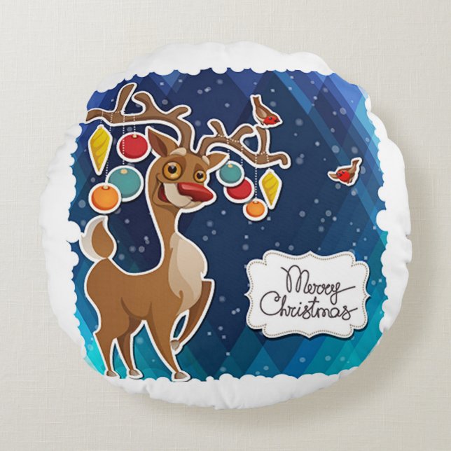Merry Christmas Prancing Reindeer Round Pillow (Front)