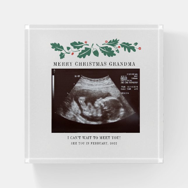 Merry Christmas Pregnancy Ultrasound Photo Grandma Paperweight (Front)