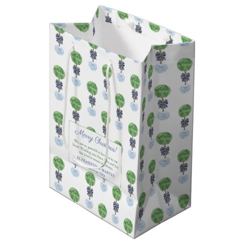 Merry Christmas Preppy Boxwood Topiary Blue Green Medium Gift Bag