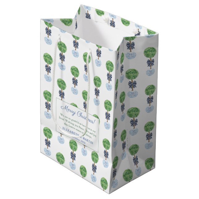 Merry Christmas Preppy Boxwood Topiary Blue Green Medium Gift Bag (Front Angled)