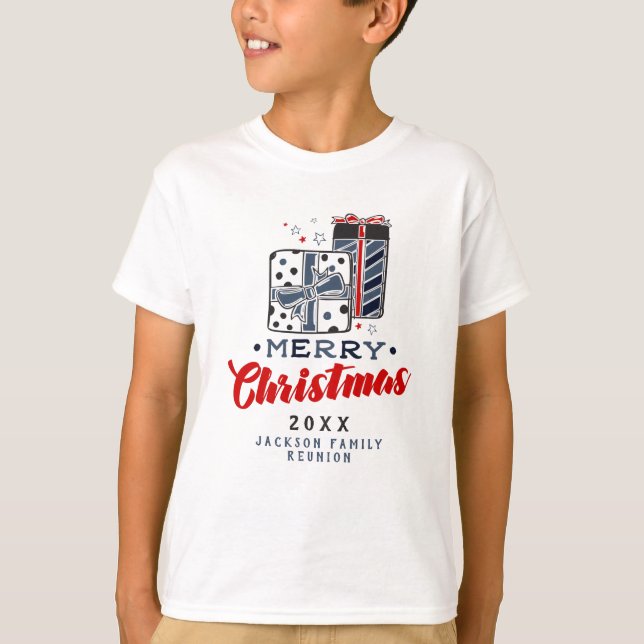 Merry Christmas Presents Custom Text Red Blue  T-Shirt (Front)