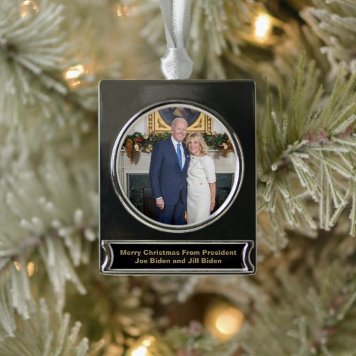 Merry Christmas President Joe Biden  1st Lady Silver Plated Banner Ornament