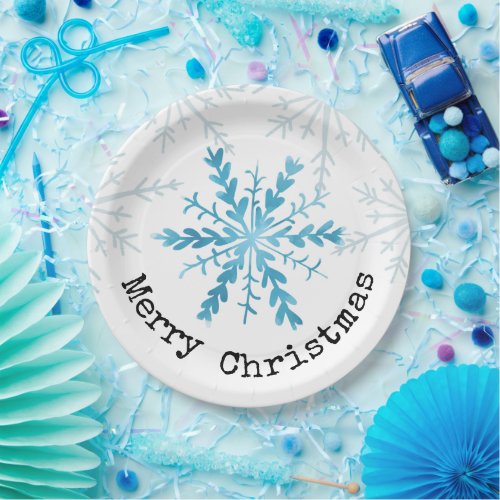 Merry Christmas Pretty Blue Snowflake Paper Plates
