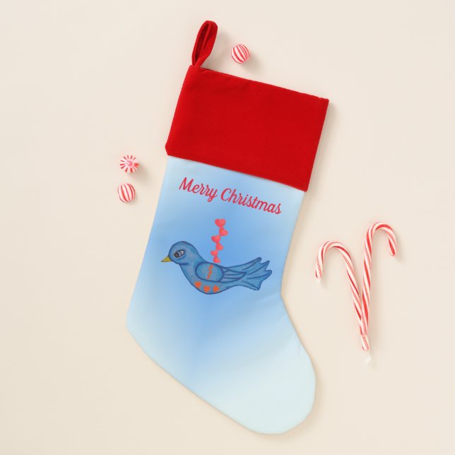 Merry Christmas Pretty Bluebird Red Hearts Stocking (Front)