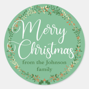 Merry Christmas Pretty Green Wreath Custom Gift Classic Round Sticker