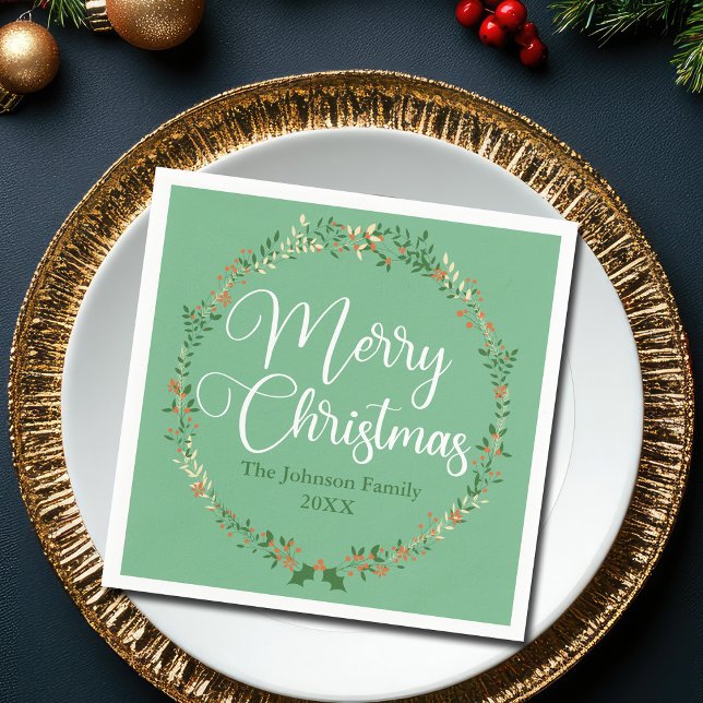 Merry Christmas Pretty Green Wreath Custom Party Napkins (Creator Uploaded)