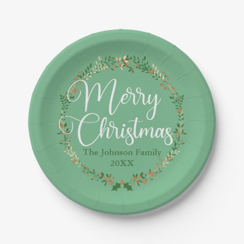 Merry Christmas Pretty Green Wreath Custom Party Paper Plates
