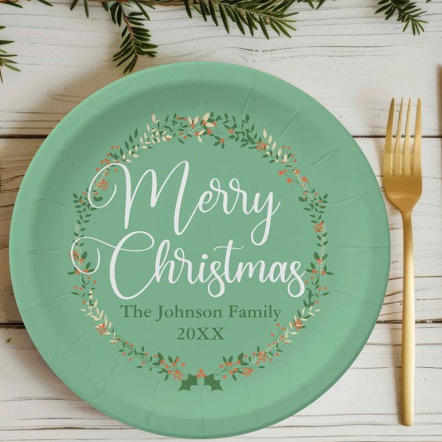 Merry Christmas Pretty Green Wreath Custom Party Paper Plates (Creator Uploaded)