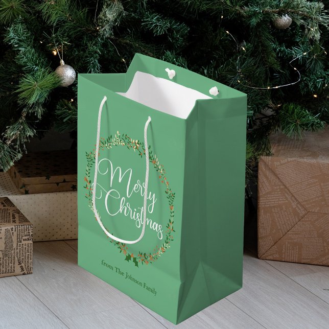 Merry Christmas Pretty Mint Green Wreath Custom Medium Gift Bag (Creator Uploaded)