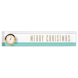 MERRY CHRISTMAS Pretty Teal White Stripes Clock Desk Name Plate