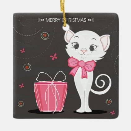 Merry Christmas Pretty White Kitty in Pink Ceramic Ornament