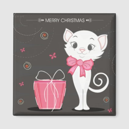 Merry Christmas Pretty White Kitty in Pink Magnet