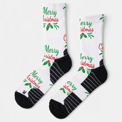 Merry Christmas Printed Athletic Crew Underwear Socks
