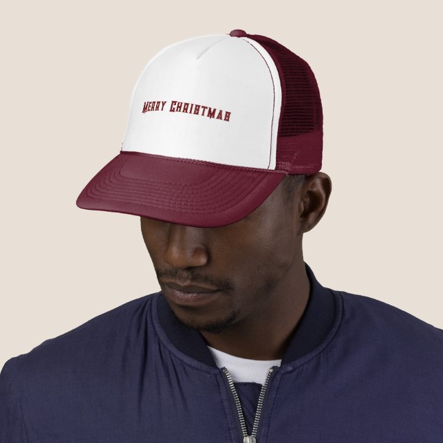 Merry Christmas Printed Text White and Maroon-Cap Trucker Hat (In Situ)