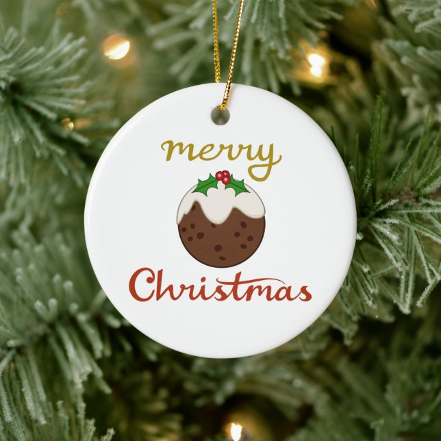 Merry Christmas+Pudding Design Ceramic Ornament (Tree)