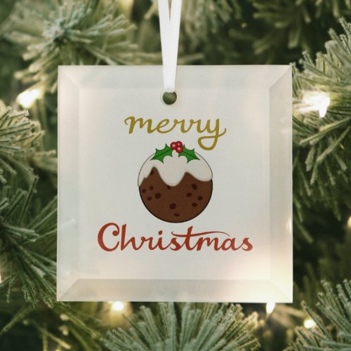 Merry ChristmasPudding Design Glass Ornament