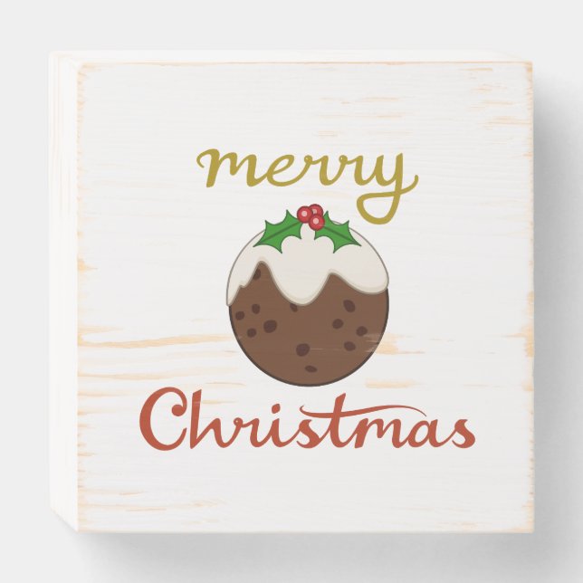 Merry Christmas+Pudding Design Wooden Box Sign (Front Horizontal)