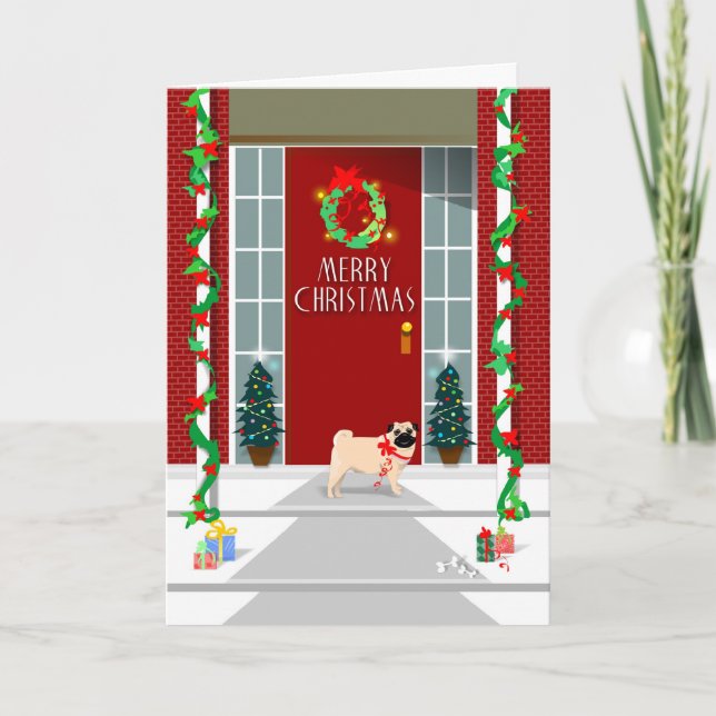 Merry Christmas - Pug Dog at Door - Greeting Card (Front)