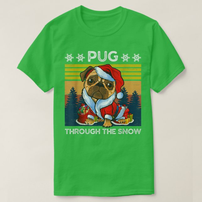 Merry Christmas Pug Dog Through The Snow Men Women T-Shirt (Design Front)