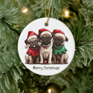 Merry Christmas Pug Dogs Ceramic Ornament