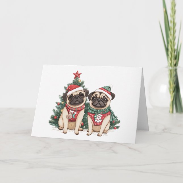 Merry Christmas Pug Dogs Holiday Card (Front)