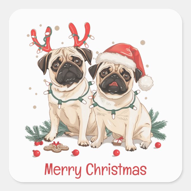 Merry Christmas Pug Dogs Square Sticker (Front)