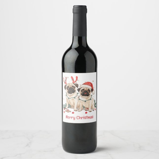 Merry Christmas Pug Dogs Wine Label (Front)