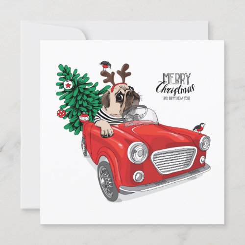 Merry Christmas  Pug Driving Vintage Car Invitation