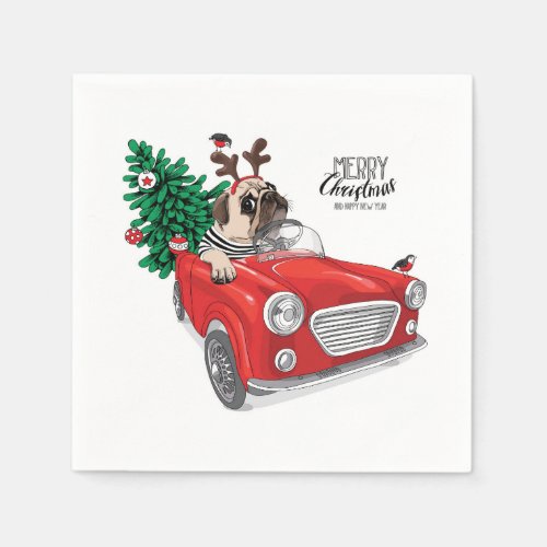 Merry Christmas  Pug Driving Vintage Car Napkins